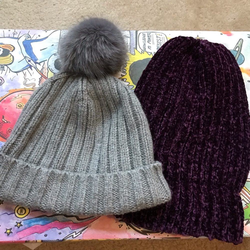 Two Beanies J.Crew Gray and Chenille in Deep Purple